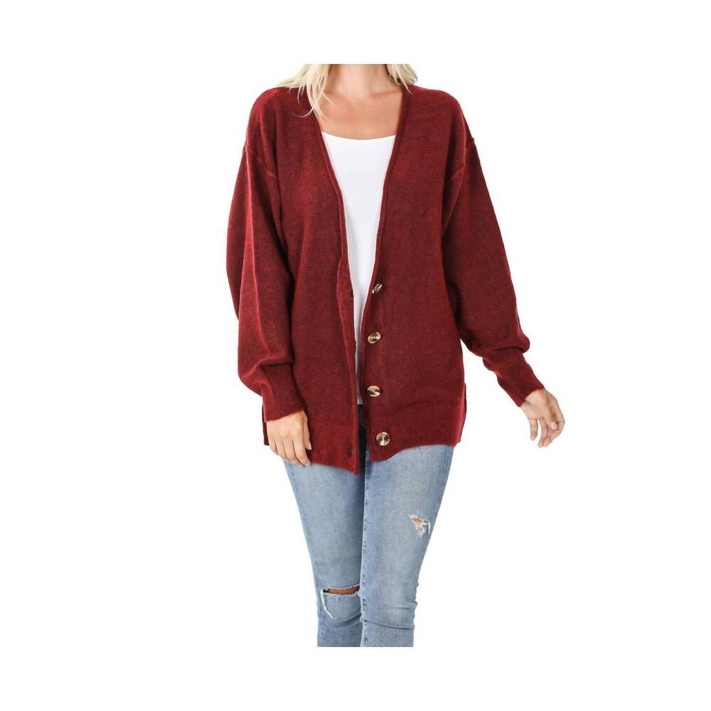 NEW ZENANA melange button down cardigan in burgundy